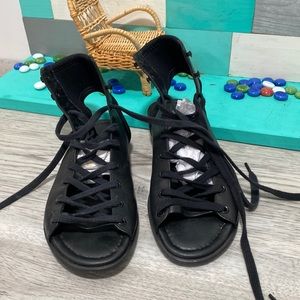 A7EIJE Black Genuine Leather lace up sandals size 7.5